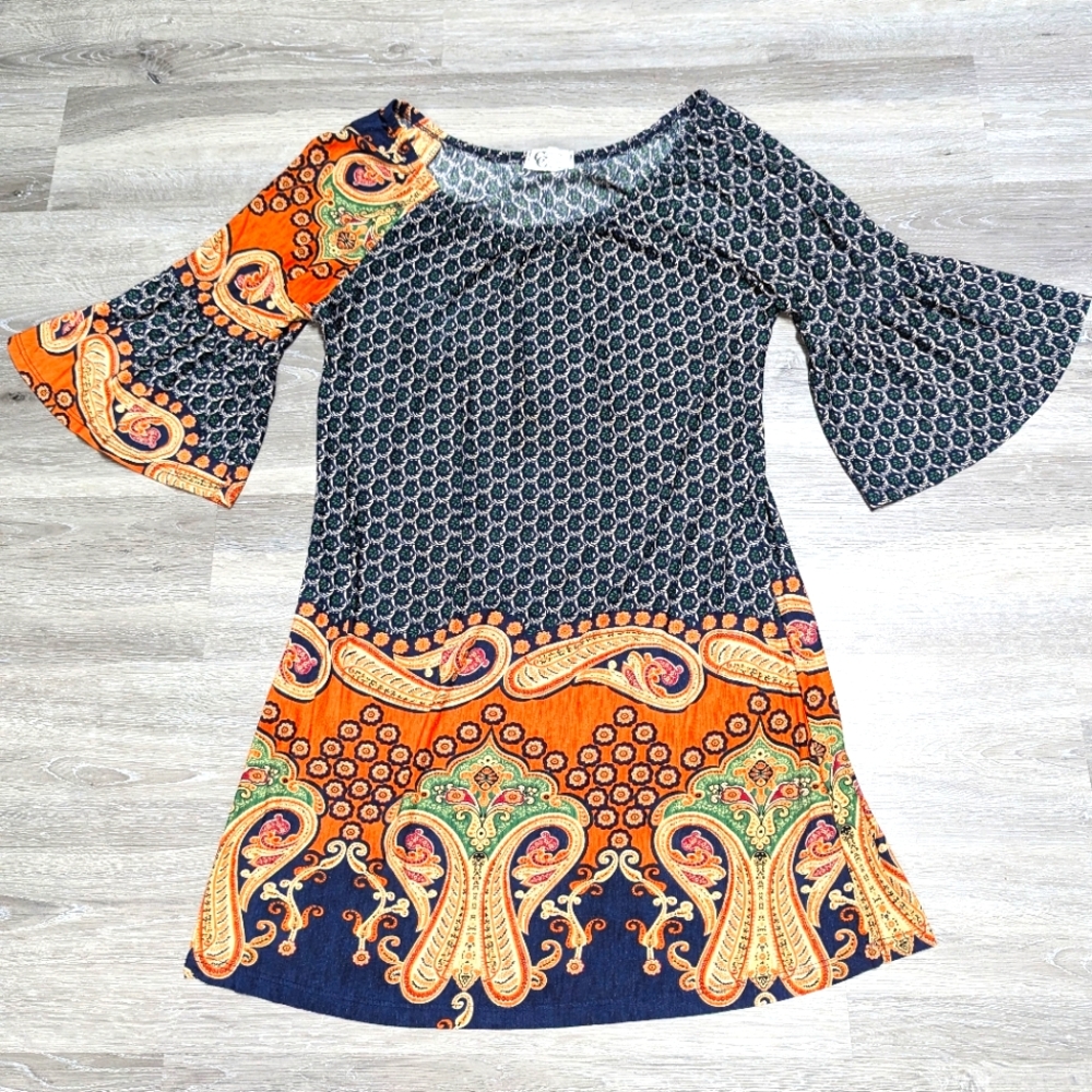 Boho Peasant Dress Size M flare sleeves stretch knit Christian Caliendo made USA